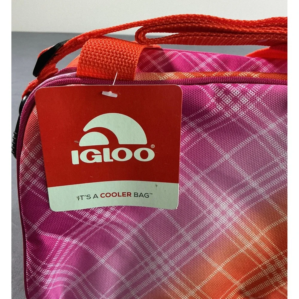 Igloo Carryall Insulated Cooler Bag Pink Coral Plaid Crossbody Lunch Tote NEW